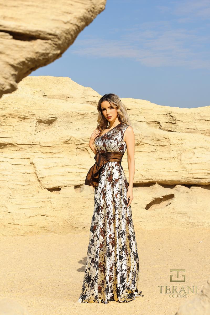 Terani Evenings Dress 252E5167 - Coffee Gold
