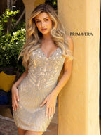 Primavera Couture Short Dress 3829 - Nude Silver