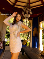 Primavera Couture Short Dress 3842 - Nude Silver