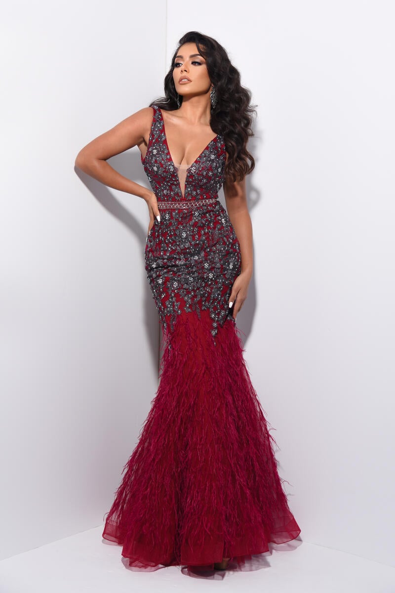 Jasz Couture Dress 7003 - Burgundy/White